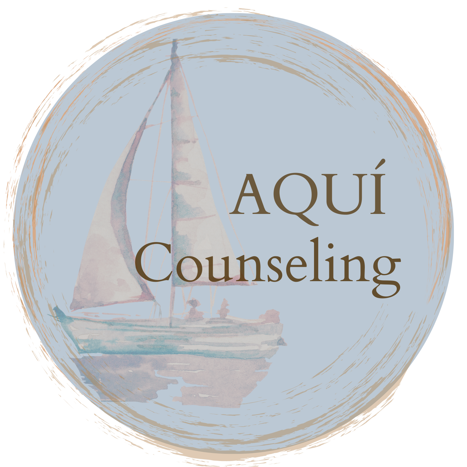 a watercolor sail boat and the words AQUI Counseling overlayed